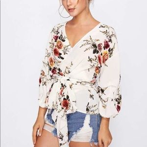 Flower Print Gathered Sleeve Wrap Blouse